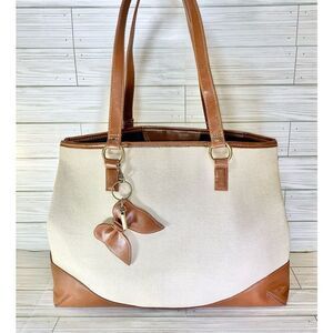 057-Coldwater Creek Neutral Canvas & Browm Butterfly Vegan Leather & Brass Trim
